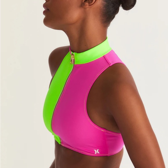 LoveShackFancy x Hurley High Neck Colorblock Bikini Top Lime Magenta - Picture 4 of 9
